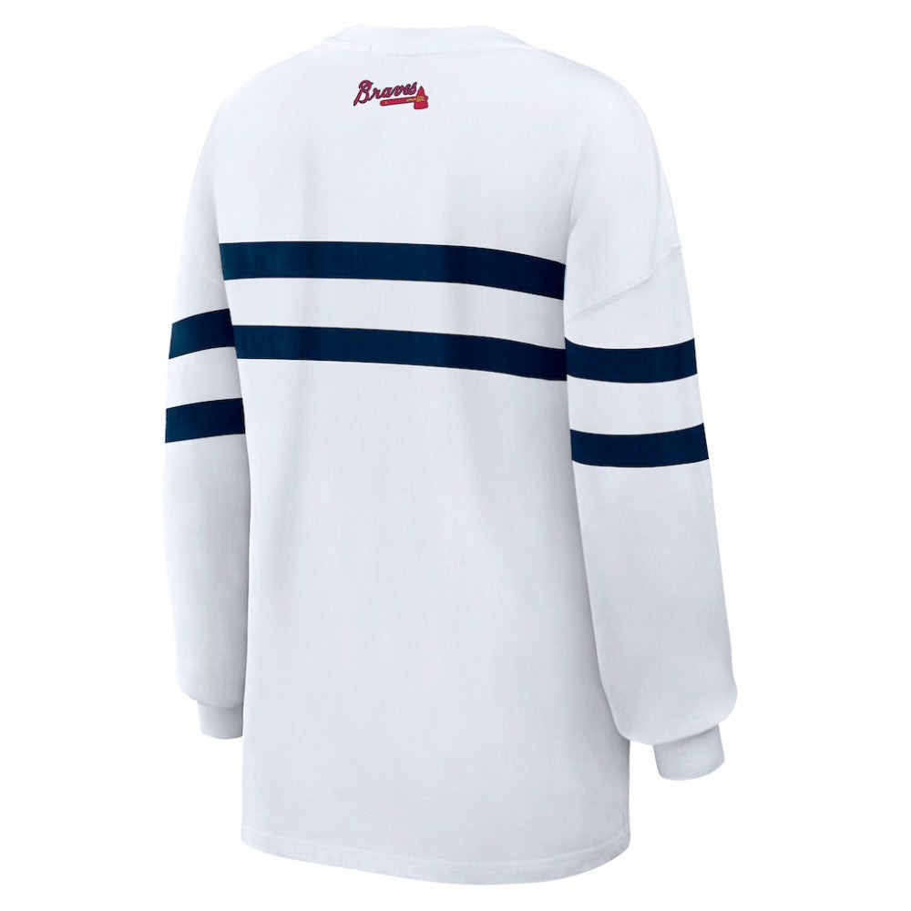 Atlanta Braves WEAR by Erin Andrews Women's Oversized Long Sleeve Striped T-Shirt - White T-shirts