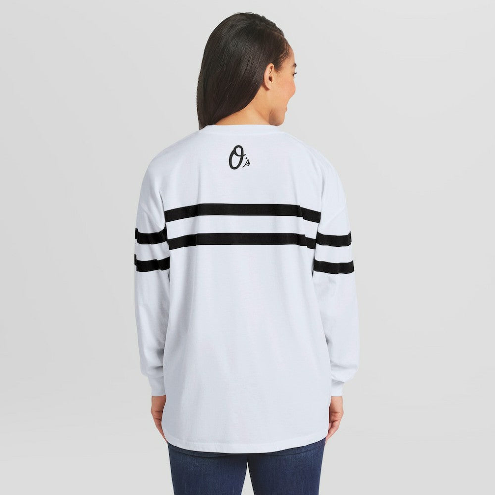 Baltimore Orioles WEAR by Erin Andrews Women's Oversized Long Sleeve Striped T-Shirt - White T-shirts