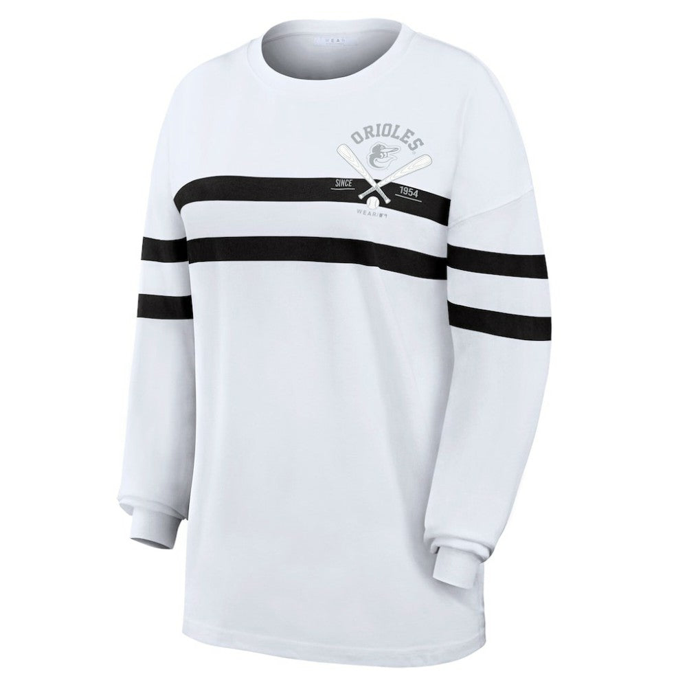 Baltimore Orioles WEAR by Erin Andrews Women's Oversized Long Sleeve Striped T-Shirt - White T-shirts