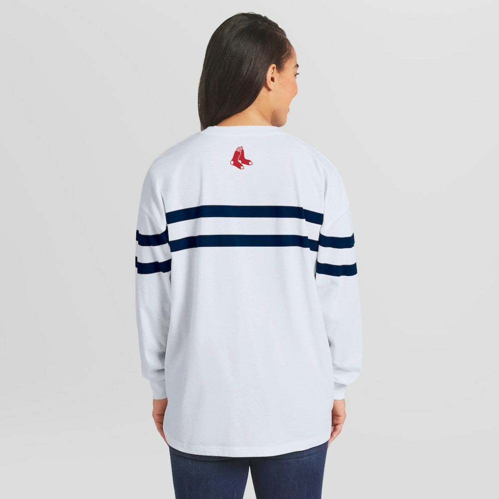 Boston Red Sox WEAR by Erin Andrews Women's Oversized Long Sleeve Striped T-Shirt - White T-shirts