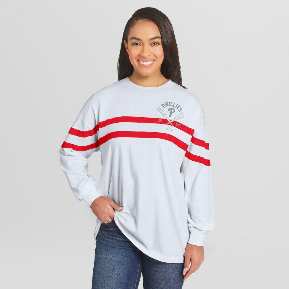 Philadelphia Phillies WEAR by Erin Andrews Women's Oversized Long Sleeve Striped T-Shirt - White T-shirts