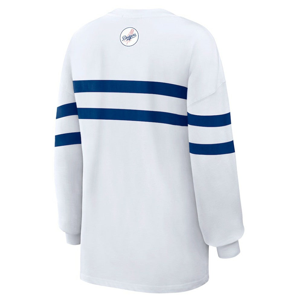Los Angeles Dodgers WEAR by Erin Andrews Women's Oversized Long Sleeve Striped T-Shirt - White T-shirts