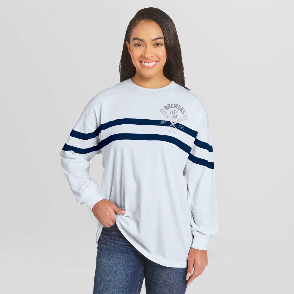 Milwaukee Brewers WEAR by Erin Andrews Women's Oversized Long Sleeve Striped T-Shirt - White T-shirts