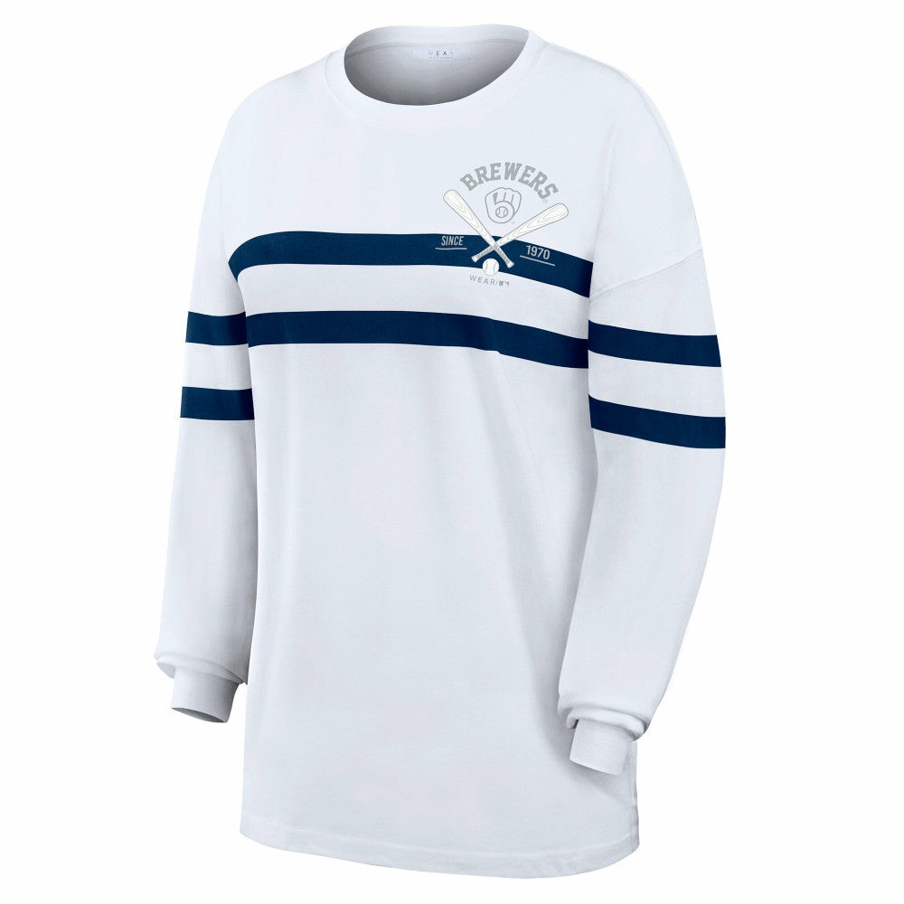 Milwaukee Brewers WEAR by Erin Andrews Women's Oversized Long Sleeve Striped T-Shirt - White T-shirts