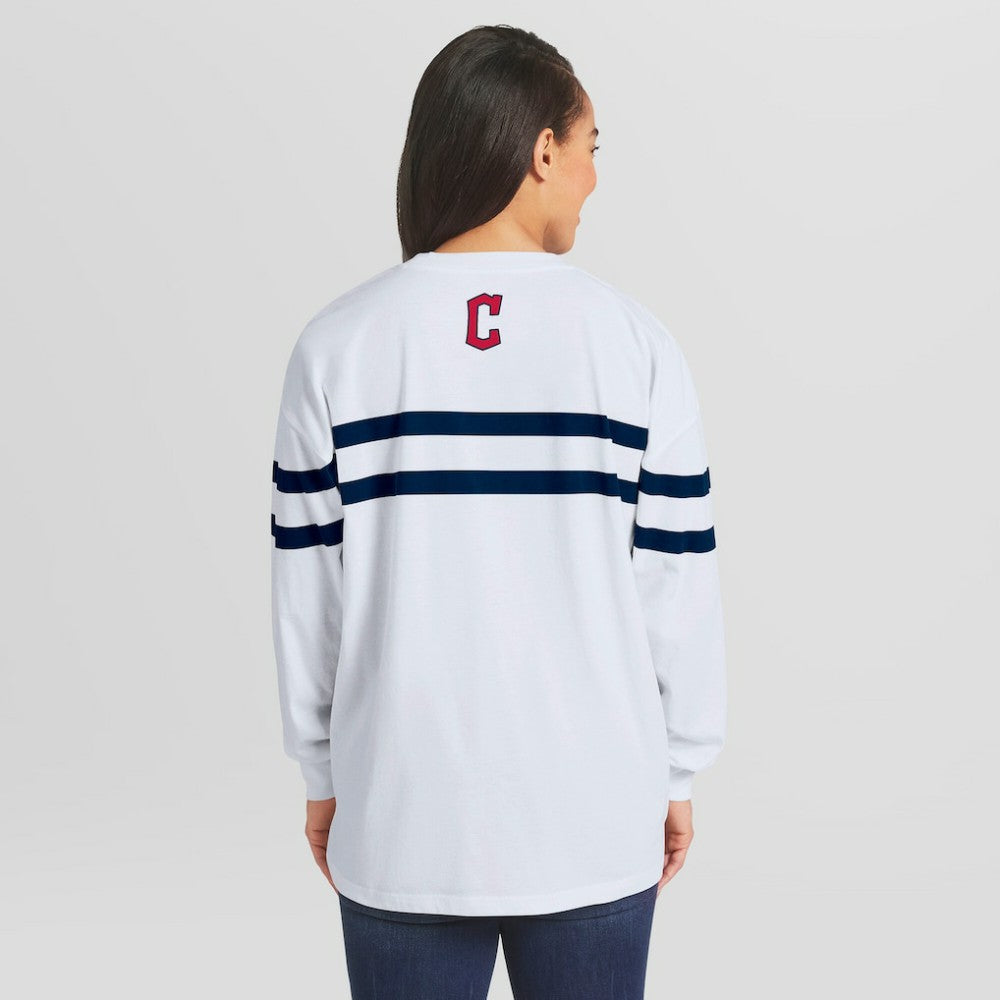 Cleveland Guardians WEAR by Erin Andrews Women's Oversized Long Sleeve Striped T-Shirt - White T-shirts