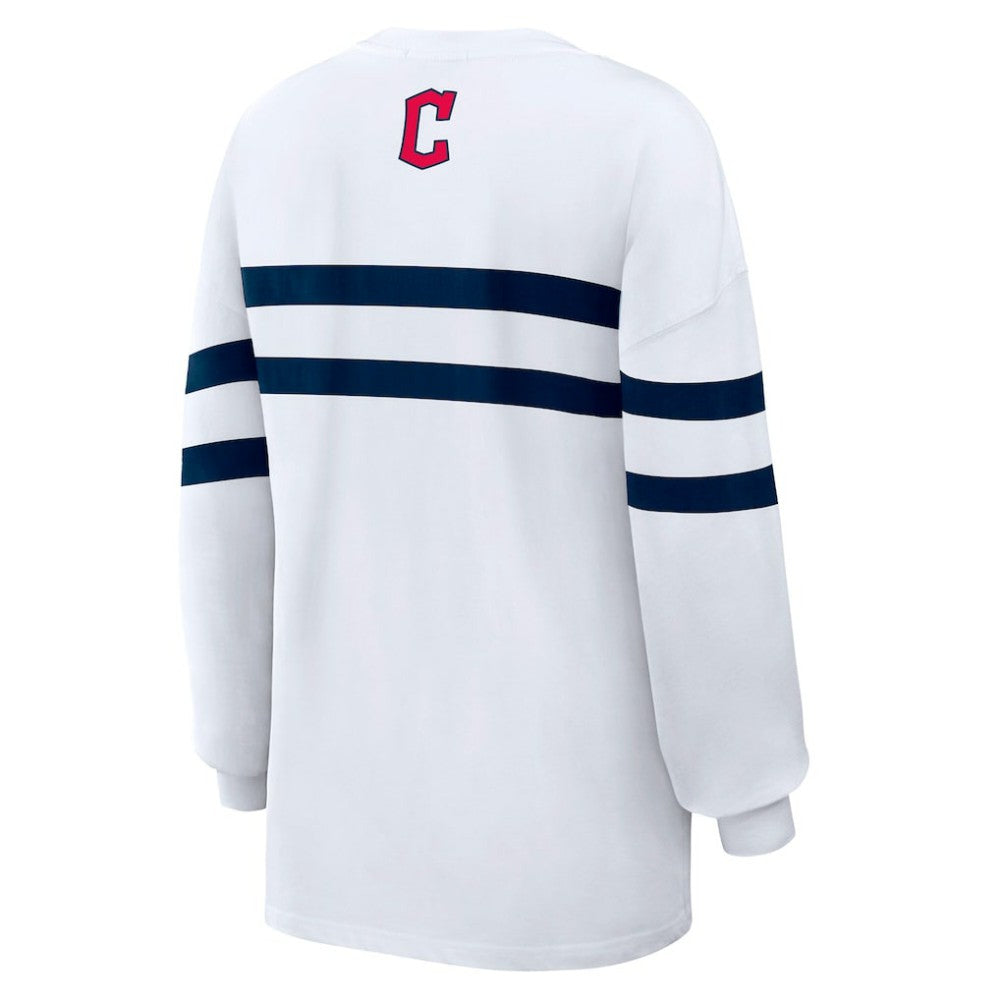 Cleveland Guardians WEAR by Erin Andrews Women's Oversized Long Sleeve Striped T-Shirt - White T-shirts