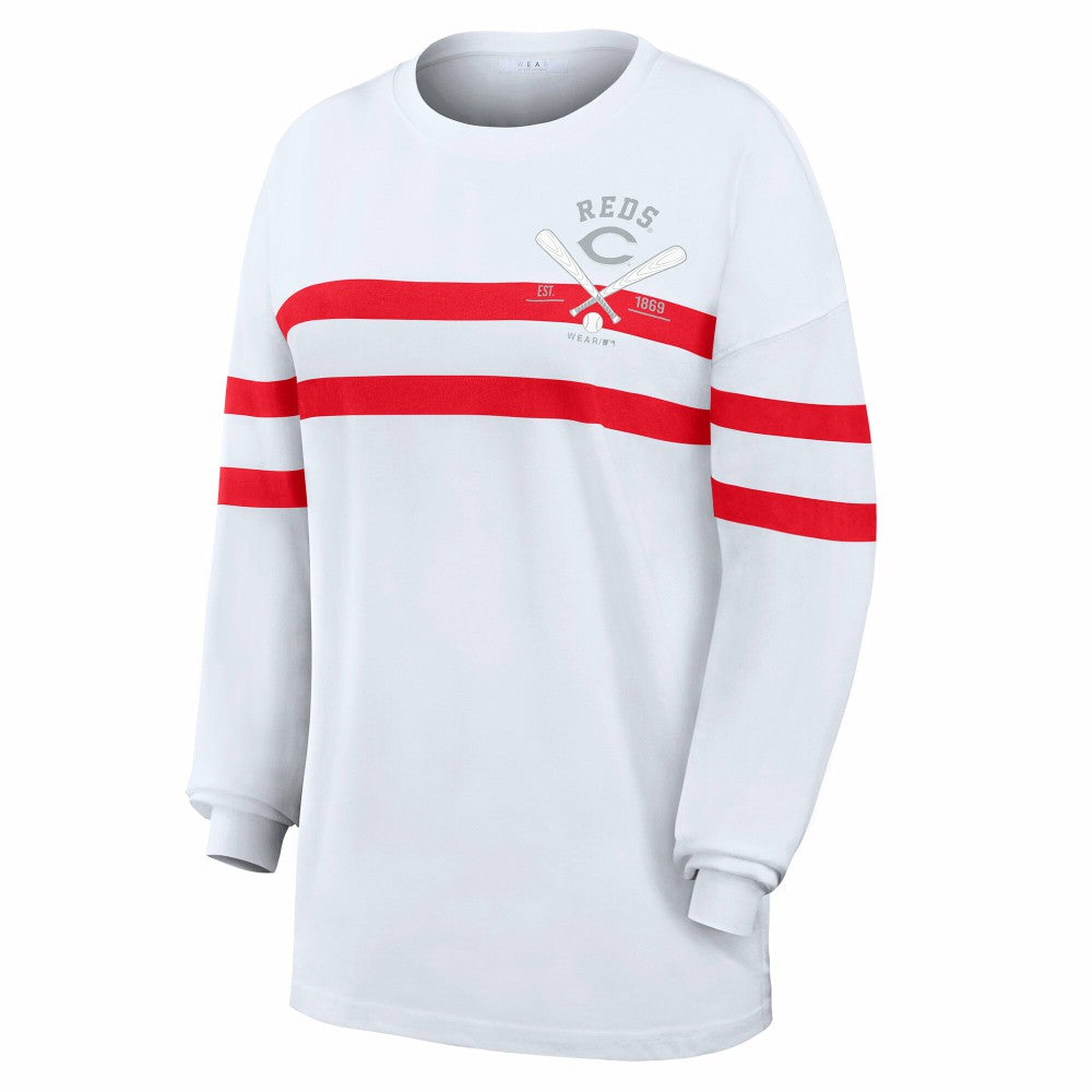 Cincinnati Reds WEAR by Erin Andrews Women's Oversized Long Sleeve Striped T-Shirt - White T-shirts