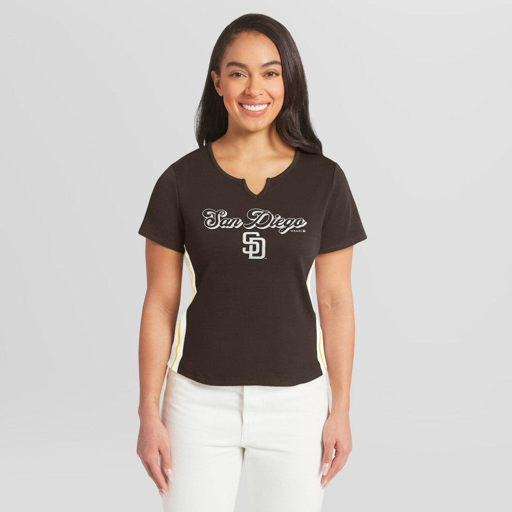 San Diego Padres WEAR by Erin Andrews Women's Notch Neck Cropped T-Shirt - Brown T-shirts