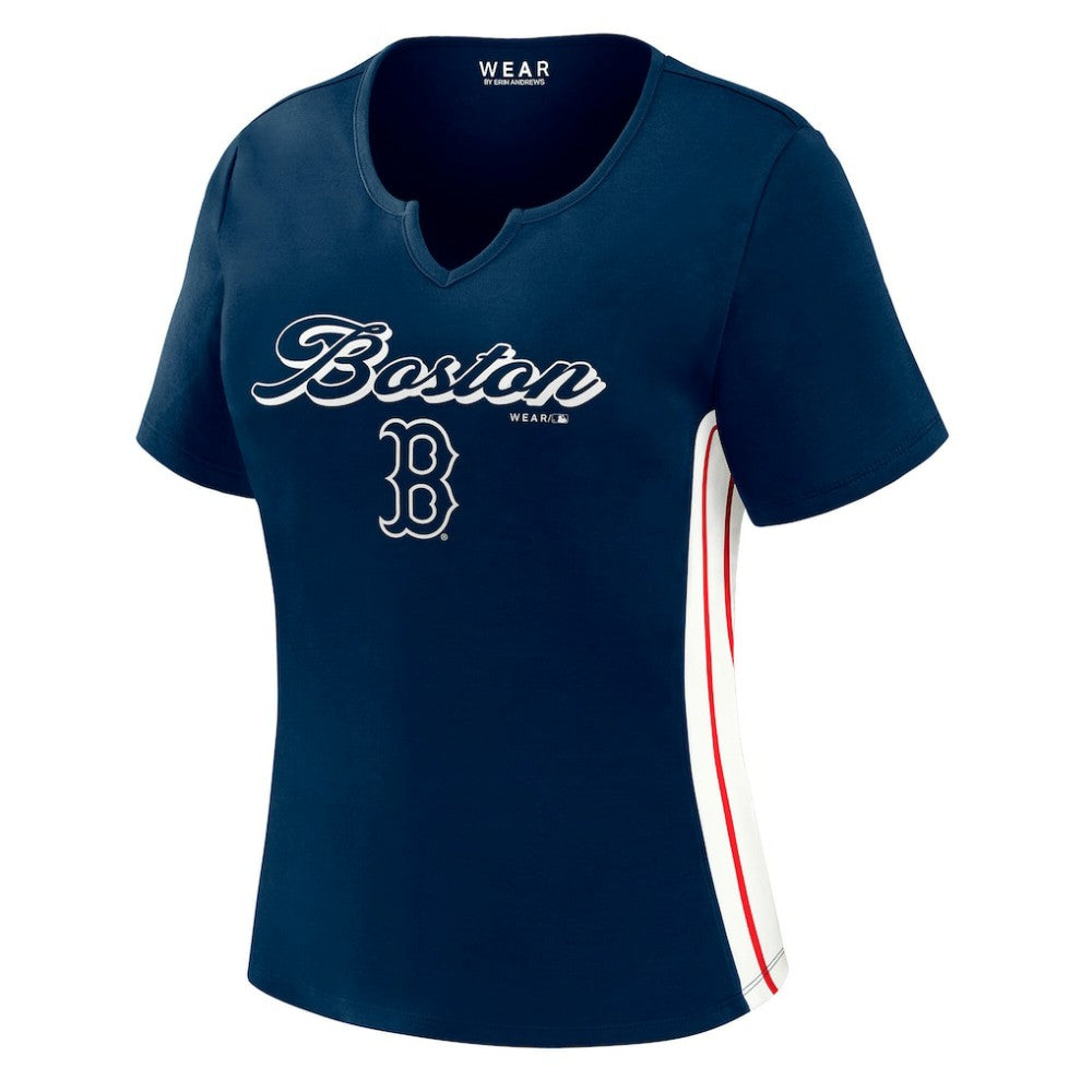 Boston Red Sox WEAR by Erin Andrews Women's Notch Neck Cropped T-Shirt - Navy T-shirts