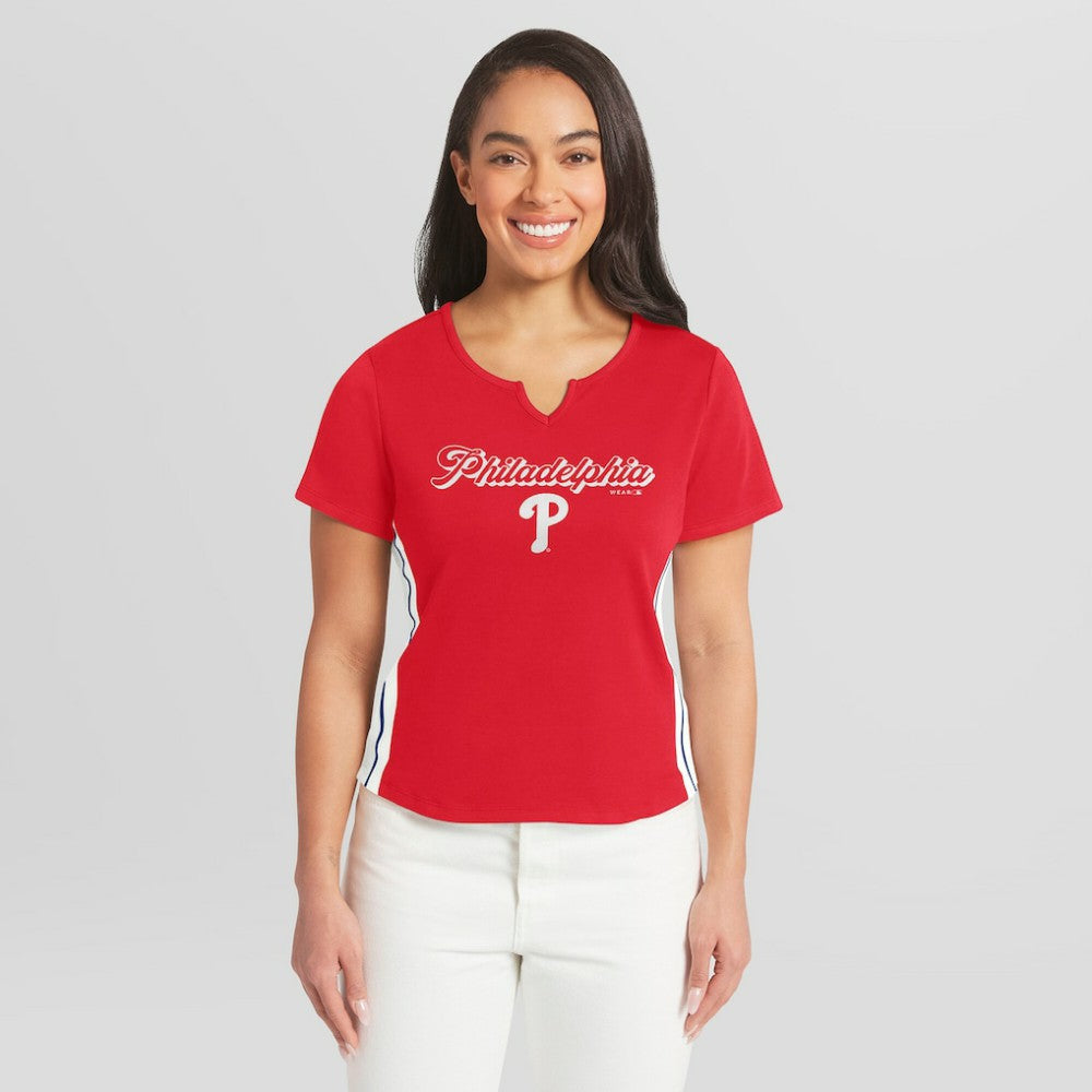 Philadelphia Phillies WEAR by Erin Andrews Women's Notch Neck Cropped T-Shirt - Red T-shirts