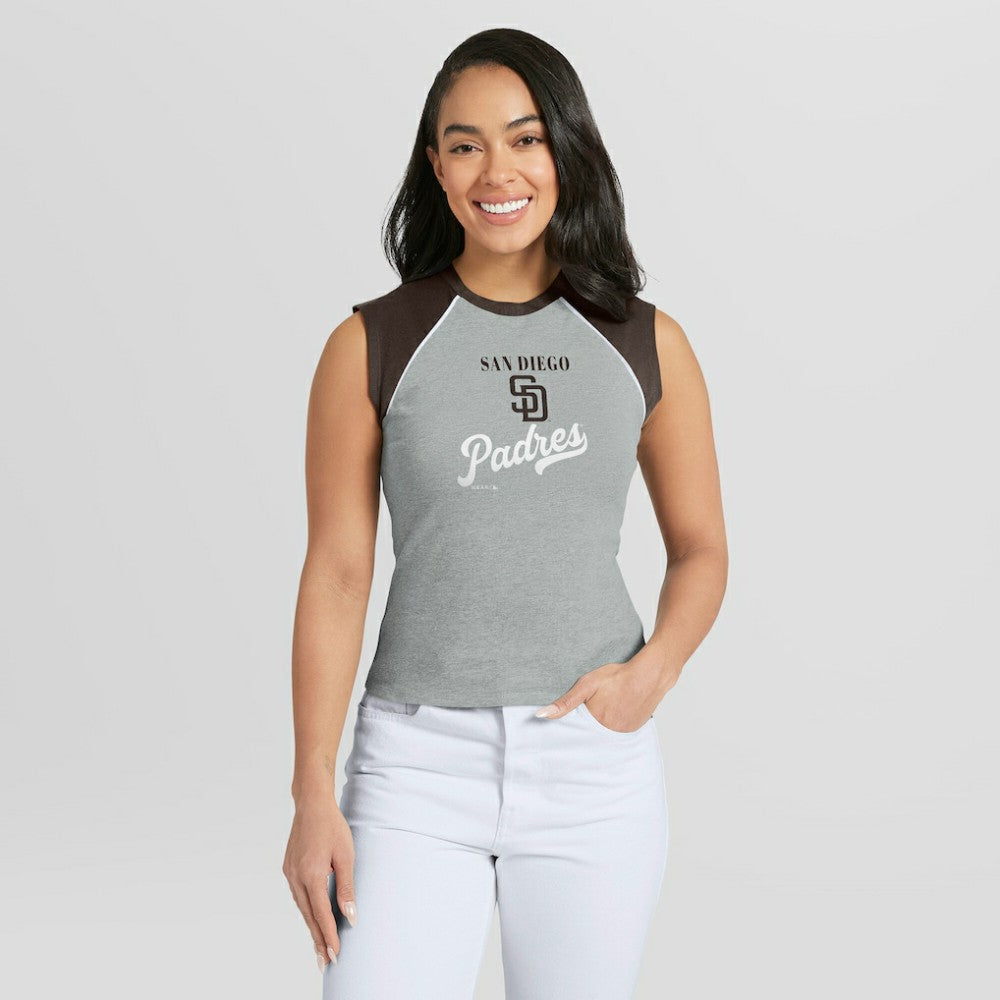 San Diego Padres WEAR by Erin Andrews Women's Cropped Raglan Tank Top - Heather Gray Tanks