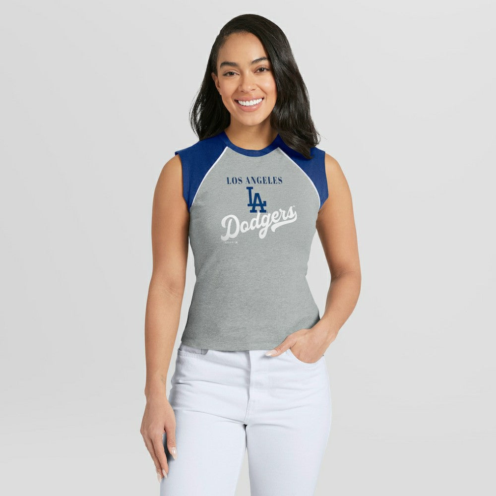 Los Angeles Dodgers WEAR by Erin Andrews Women's Cropped Raglan Tank Top - Heather Gray Tanks