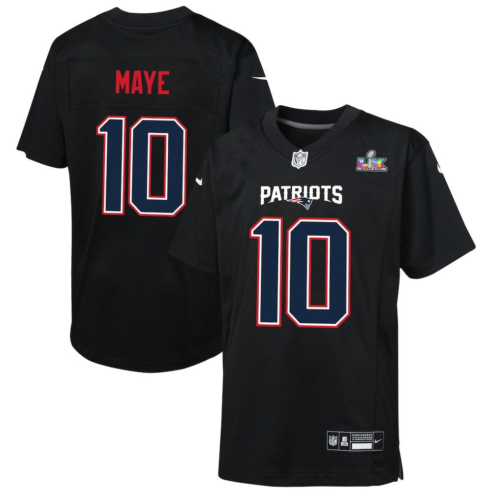 NFL Drake Maye New England Patriots Youth Super Bowl LX Patch Carbon Fashion Game Jersey - Black