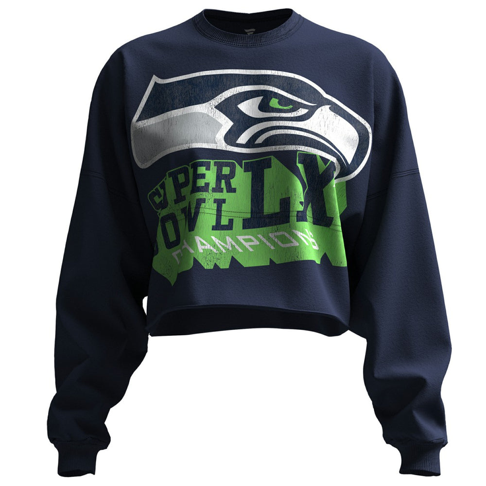 Seattle Seahawks Spirit Jersey Women's Super Bowl LX Champions Cropped Long Sleeve T-Shirt College Navy