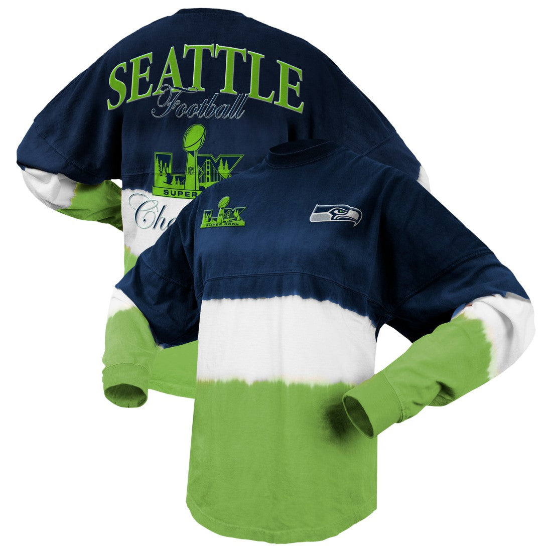 Seattle Seahawks Spirit Jersey Women's Super Bowl LX Champions Horizontal Ombre Long Sleeve T-Shirt College Navy/Neon Green