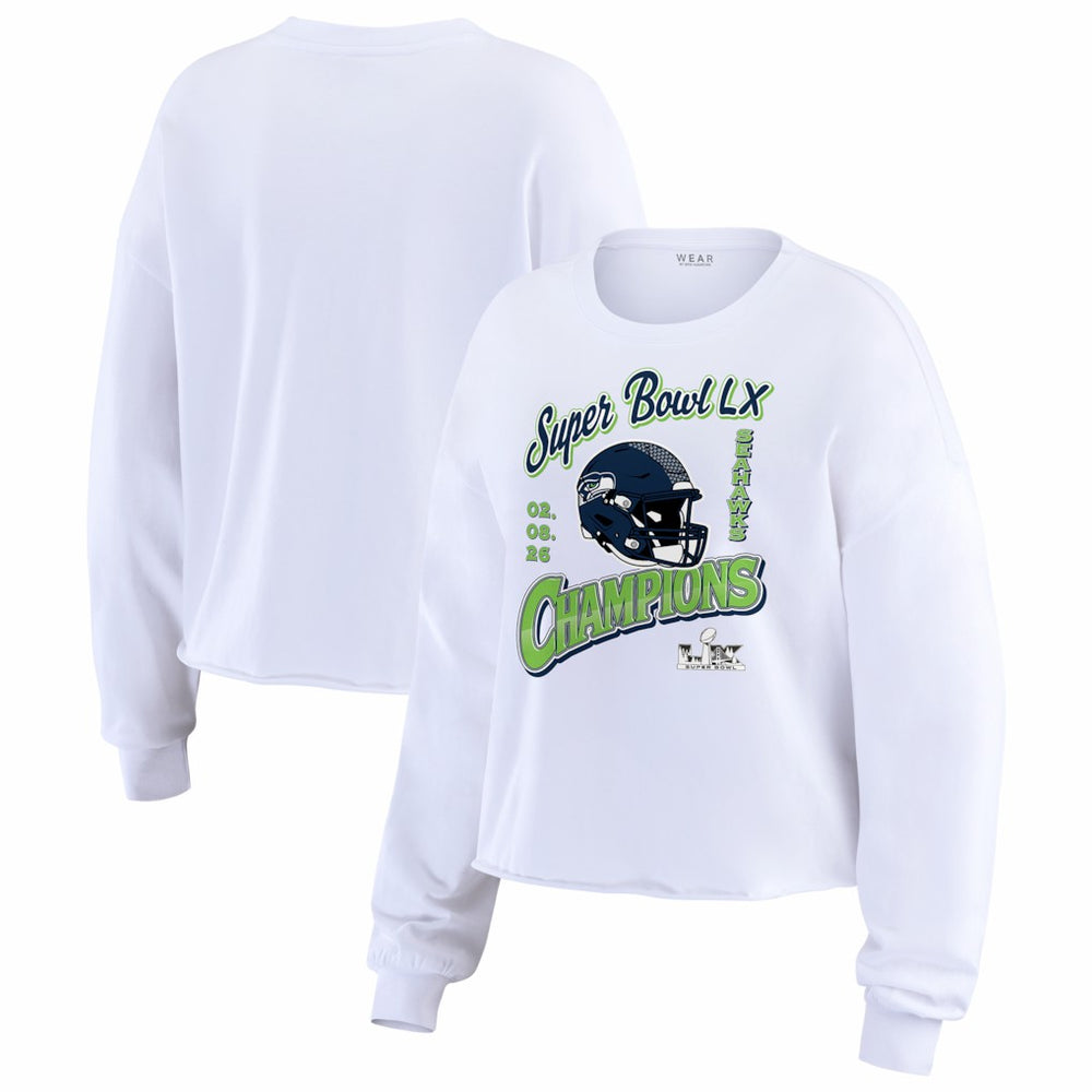 Seattle Seahawks WEAR by Erin Andrews Women's Super Bowl LX Champions Cropped Long Sleeve T-Shirt White