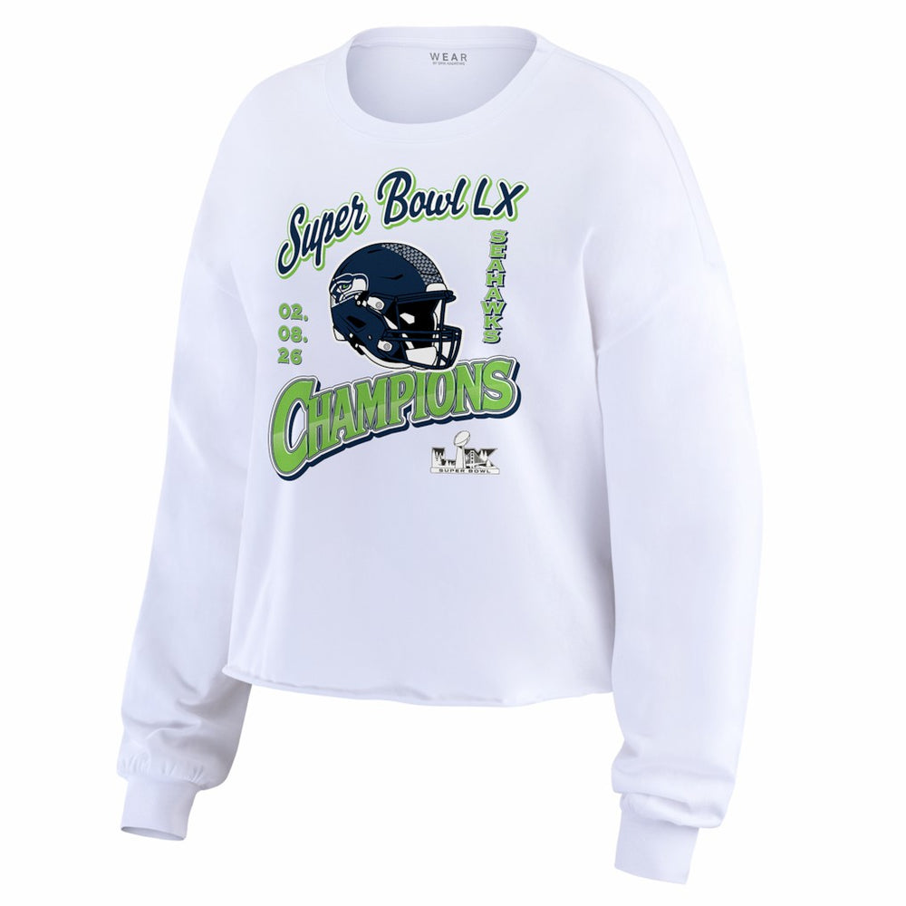 Seattle Seahawks WEAR by Erin Andrews Women's Super Bowl LX Champions Cropped Long Sleeve T-Shirt White