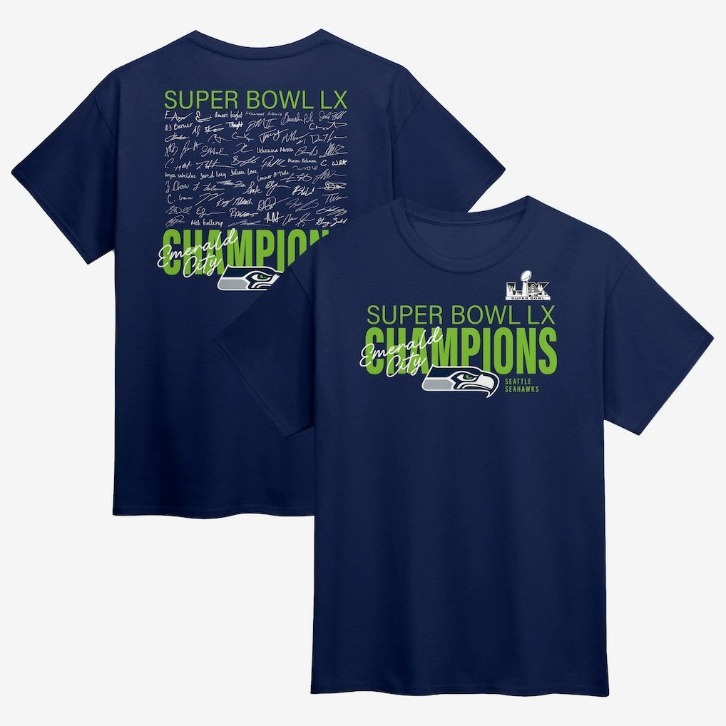 Seattle Seahawks Super Bowl LX Champions Big & Tall Autograph Signing Roster T-Shirt College Navy