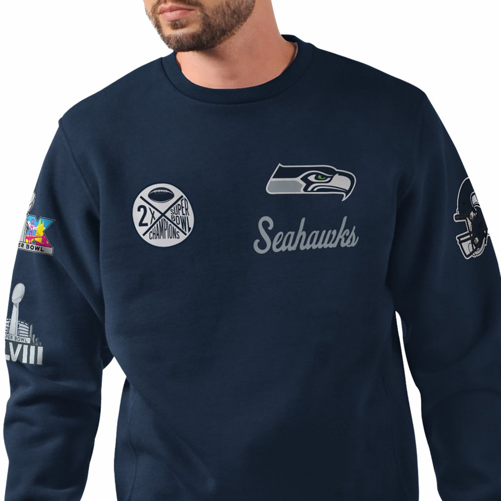 Seattle Seahawks Starter Two-Time Super Bowl Champions Classic Fleece Sweatshirt College Navy