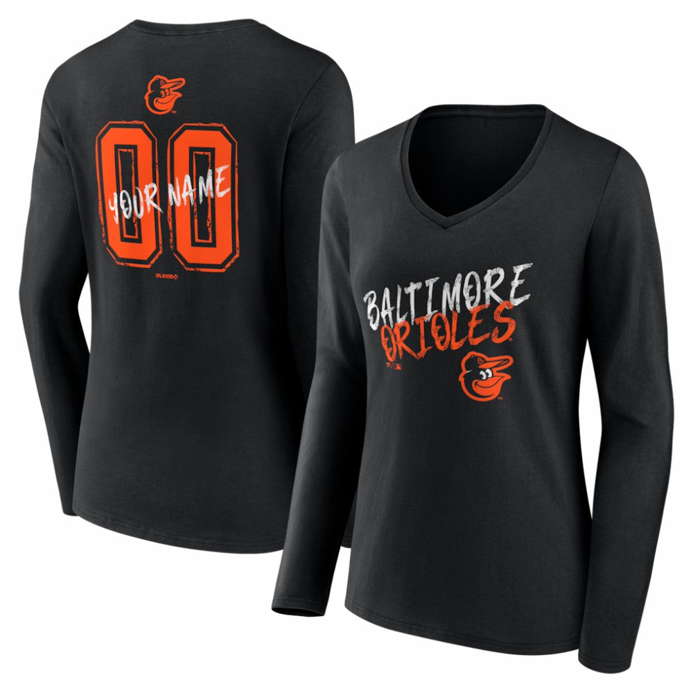 Baltimore Orioles Women's Hustle Personalized Name & Number Long Sleeve V-Neck T-Shirt - Black T-shirts