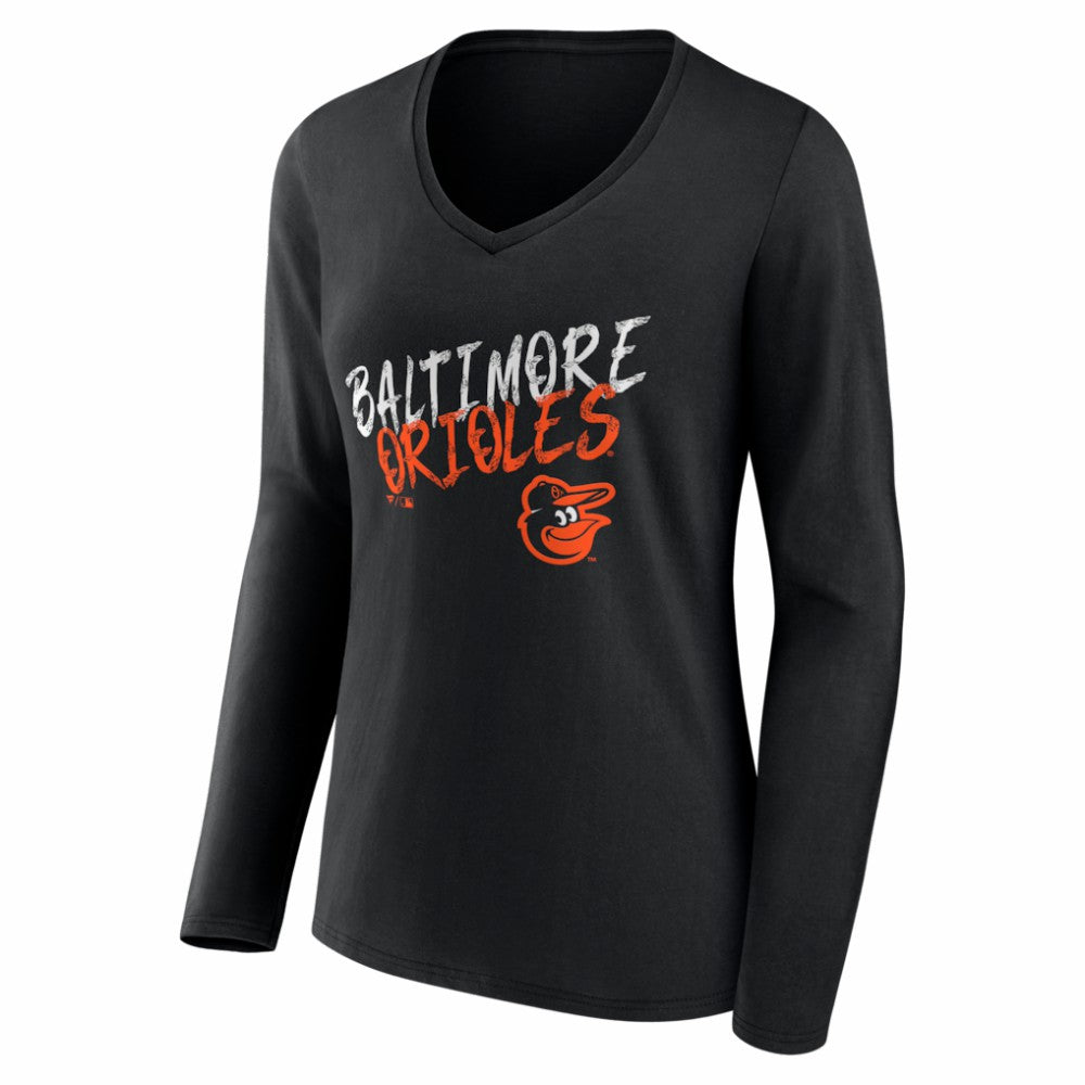 Baltimore Orioles Women's Hustle Personalized Name & Number Long Sleeve V-Neck T-Shirt - Black T-shirts