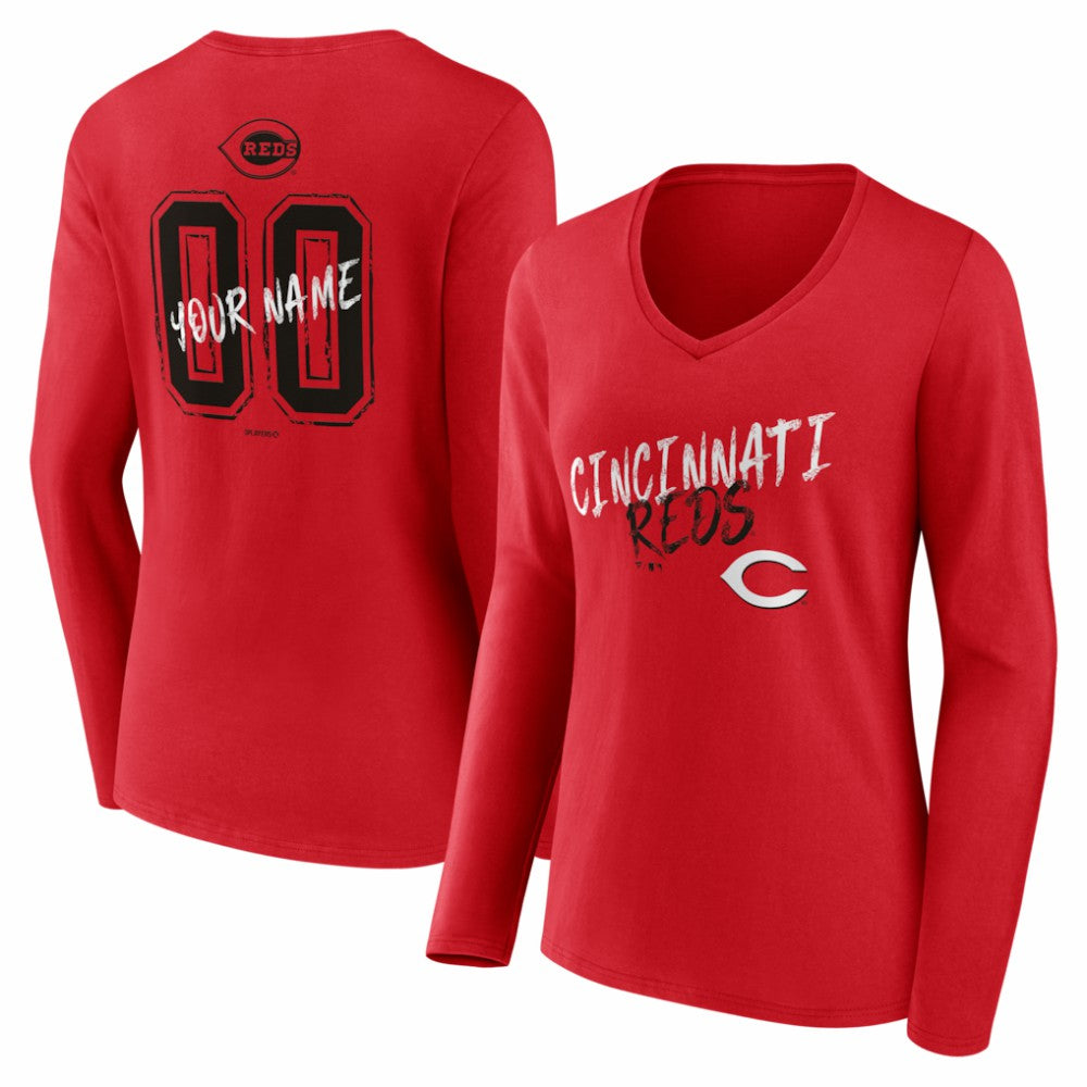 Cincinnati Reds Women's Hustle Personalized Name & Number Long Sleeve V-Neck T-Shirt - Red T-shirts