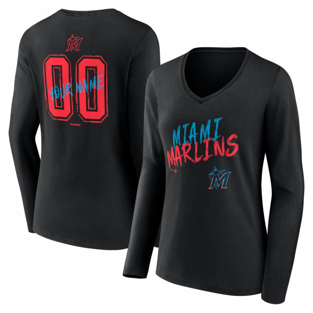 Miami Marlins Women's Hustle Personalized Name & Number Long Sleeve V-Neck T-Shirt - Black T-shirts