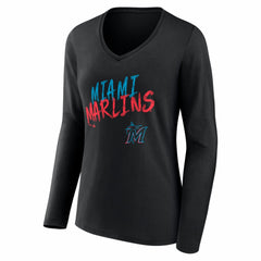 Miami Marlins Women's Hustle Personalized Name & Number Long Sleeve V-Neck T-Shirt - Black T-shirts