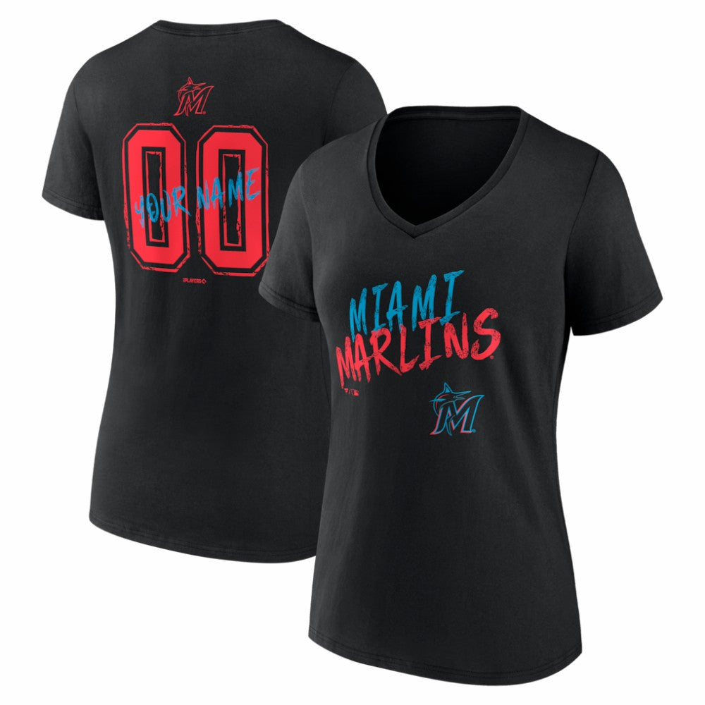 Miami Marlins Women's Hustle Personalized Name & Number V-Neck T-Shirt - Black T-shirts