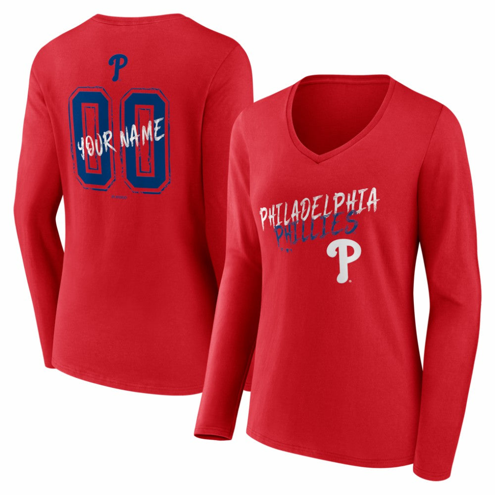 Philadelphia Phillies Women's Hustle Personalized Name & Number Long Sleeve V-Neck T-Shirt - Red T-shirts