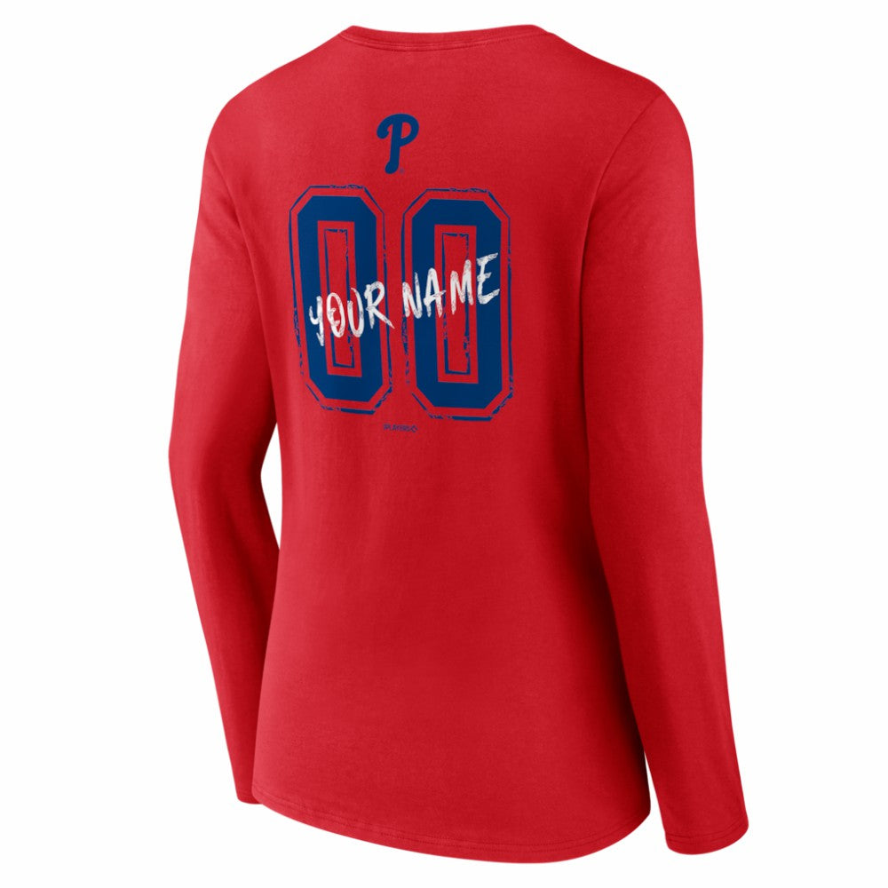 Philadelphia Phillies Women's Hustle Personalized Name & Number Long Sleeve V-Neck T-Shirt - Red T-shirts