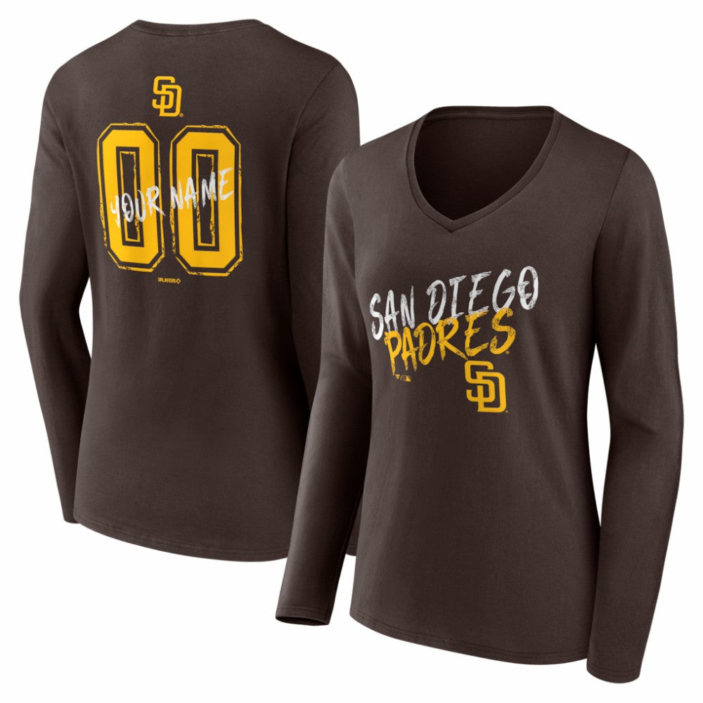 San Diego Padres Women's Hustle Personalized Name & Number Long Sleeve V-Neck T-Shirt - Brown T-shirts