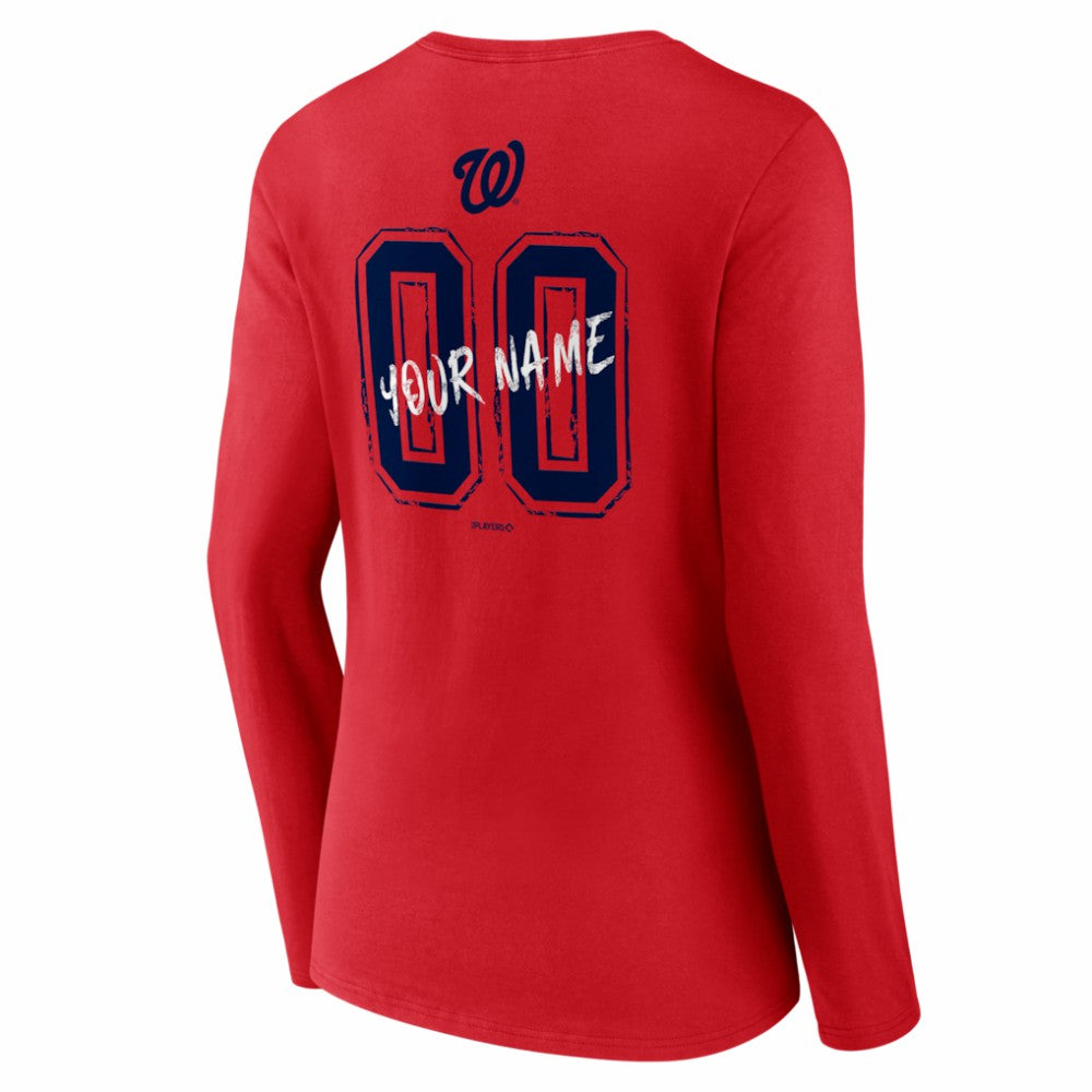 Washington Nationals Women's Hustle Personalized Name & Number Long Sleeve V-Neck T-Shirt - Red T-shirts