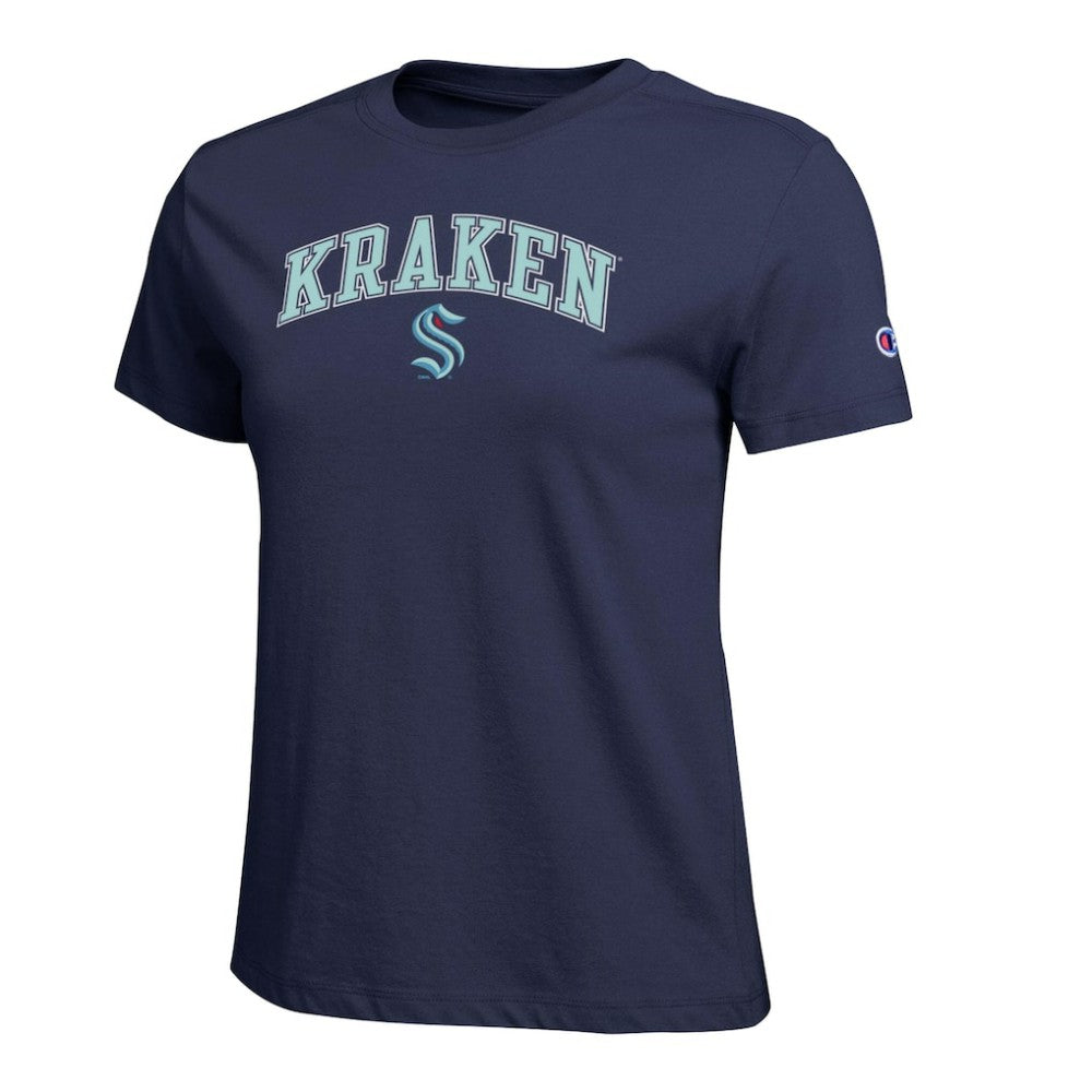 NHL Seattle Kraken Champion Women's Arch Mascot Logo T-Shirt - Navy