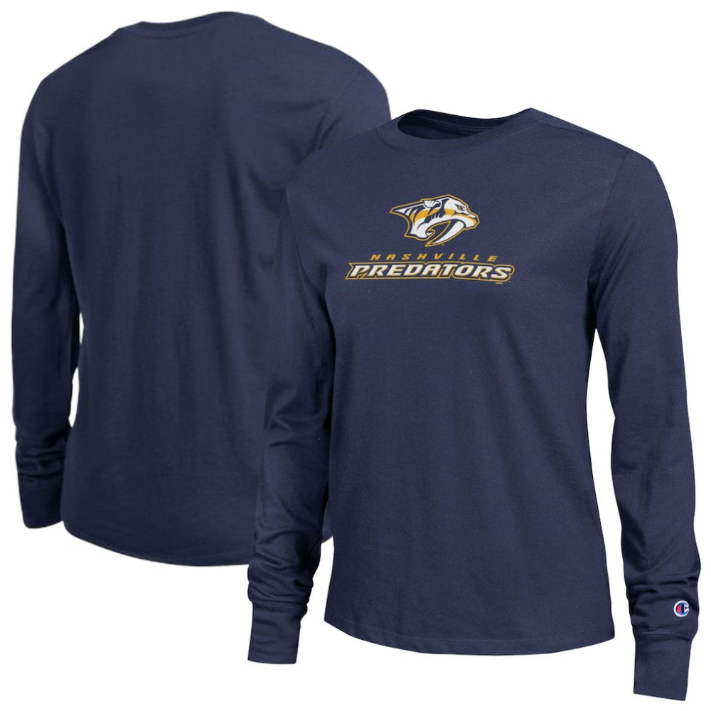 NHL Nashville Predators Champion Women's Wordmark Lockup Long Sleeve T-Shirt - Navy