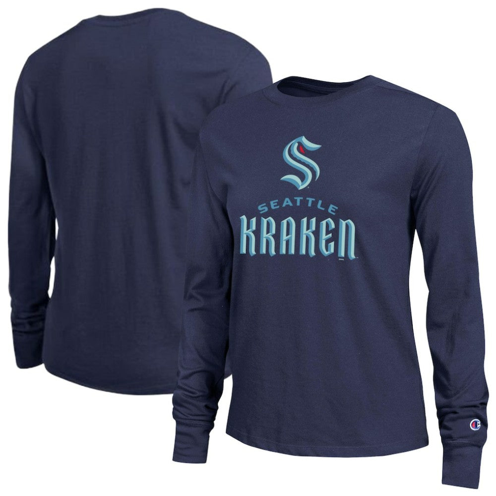 NHL Seattle Kraken Champion Women's Wordmark Lockup Long Sleeve T-Shirt - Navy