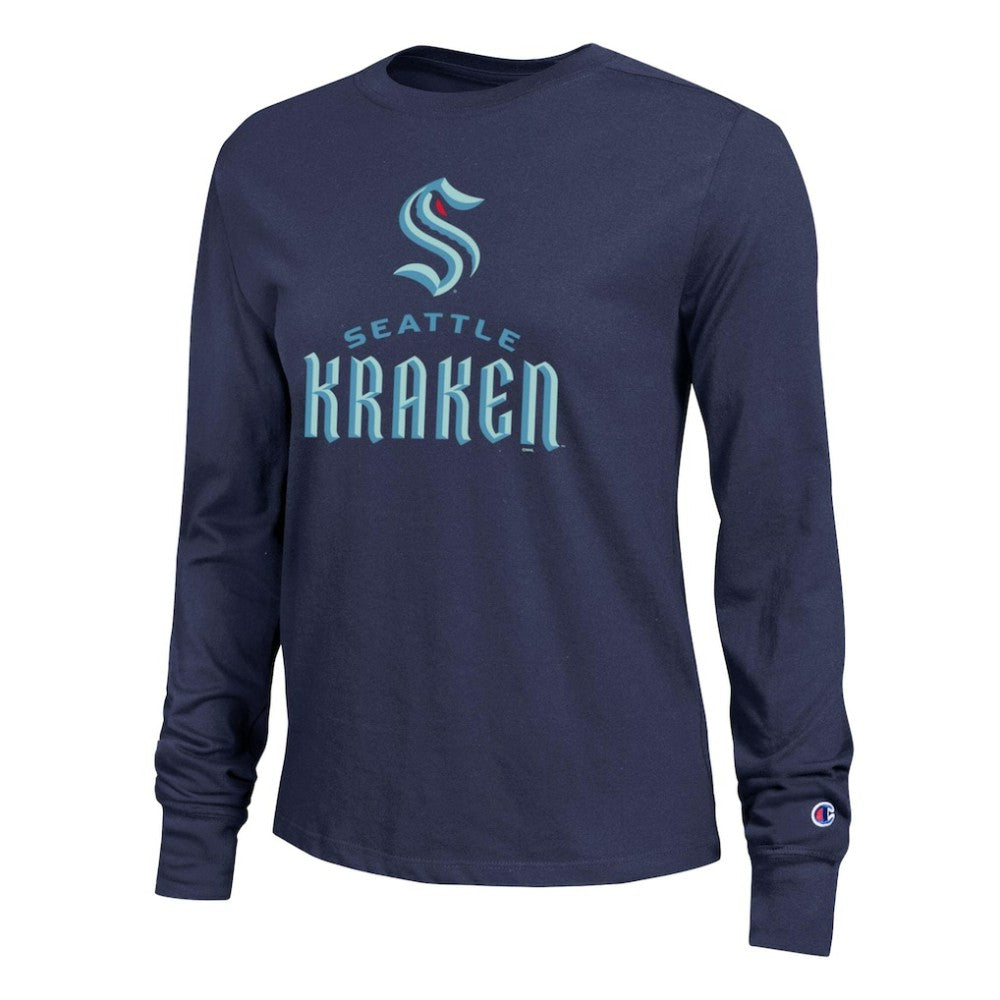 NHL Seattle Kraken Champion Women's Wordmark Lockup Long Sleeve T-Shirt - Navy