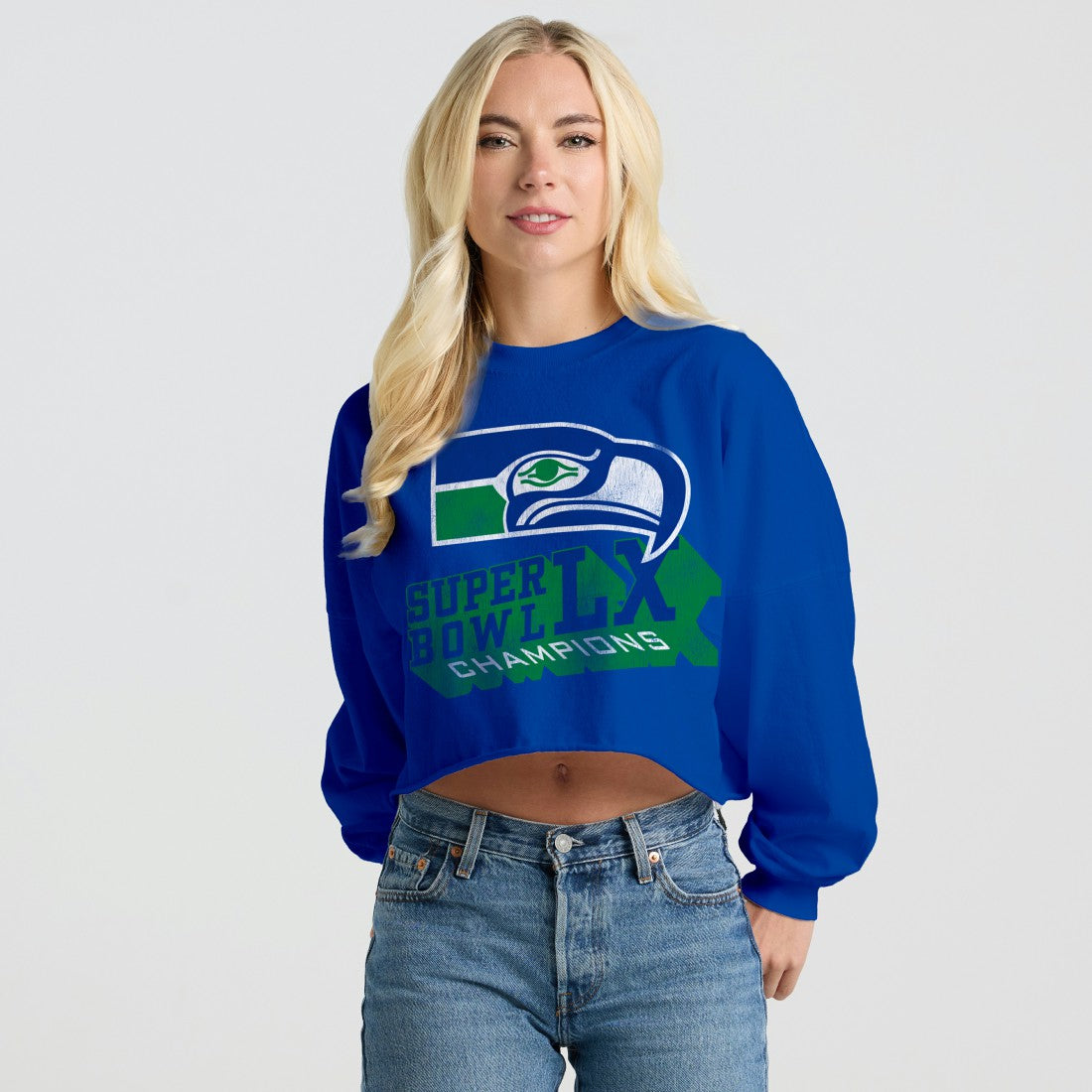 Seattle Seahawks Spirit Jersey Women's Super Bowl LX Champions Retro Cropped Long Sleeve T-Shirt Royal