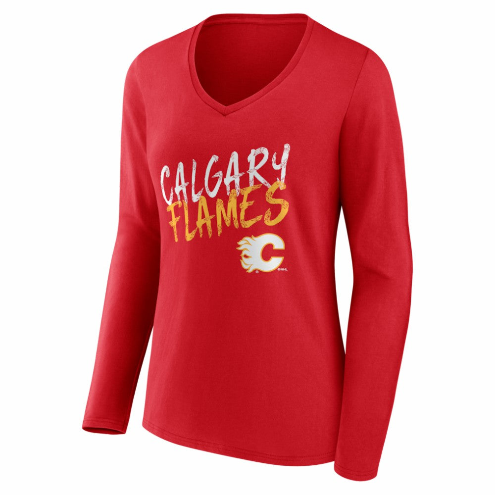 NHL,Custom Calgary Flames Women's Hustle Personalized Name & Number Long Sleeve V-Neck T-Shirt - Red