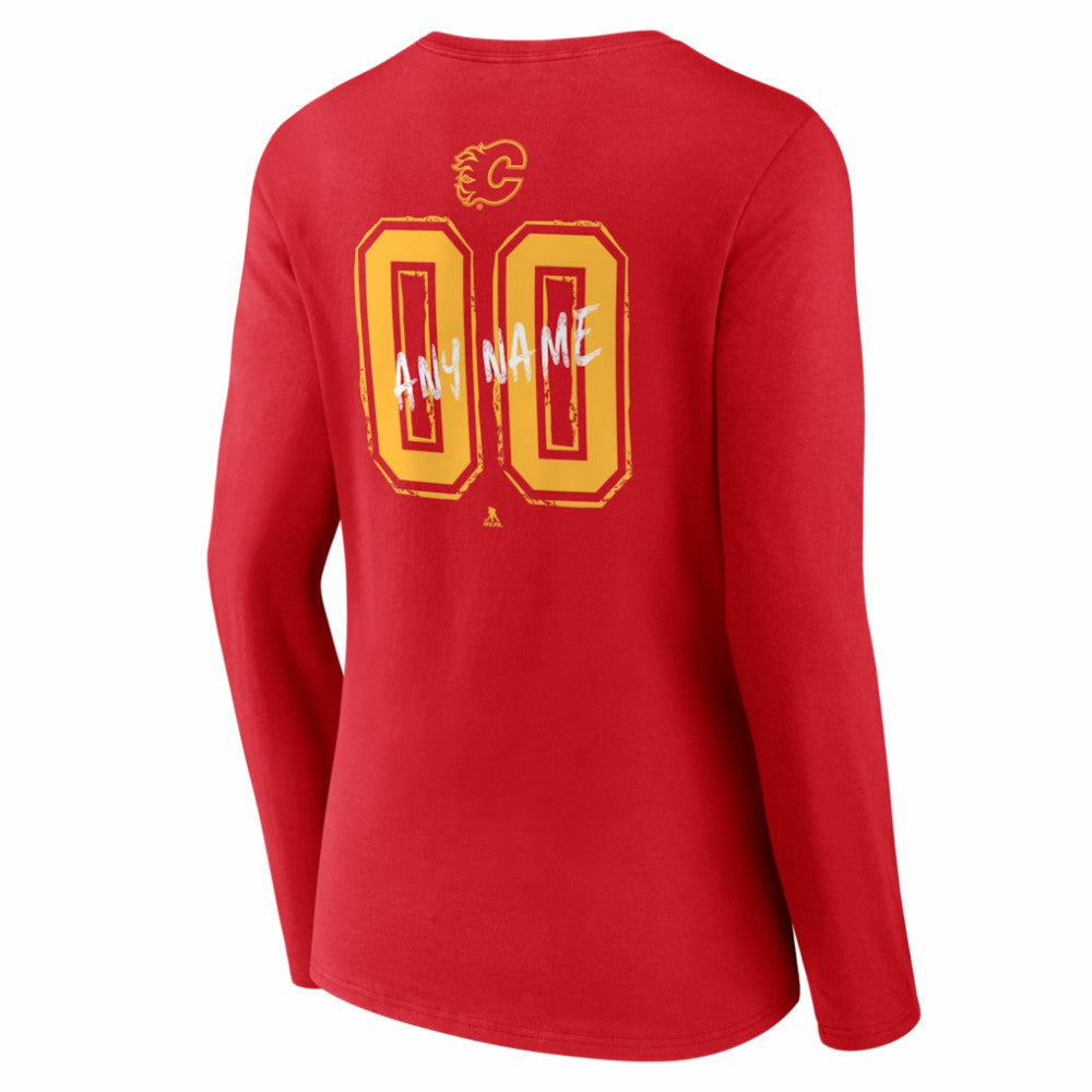 NHL,Custom Calgary Flames Women's Hustle Personalized Name & Number Long Sleeve V-Neck T-Shirt - Red