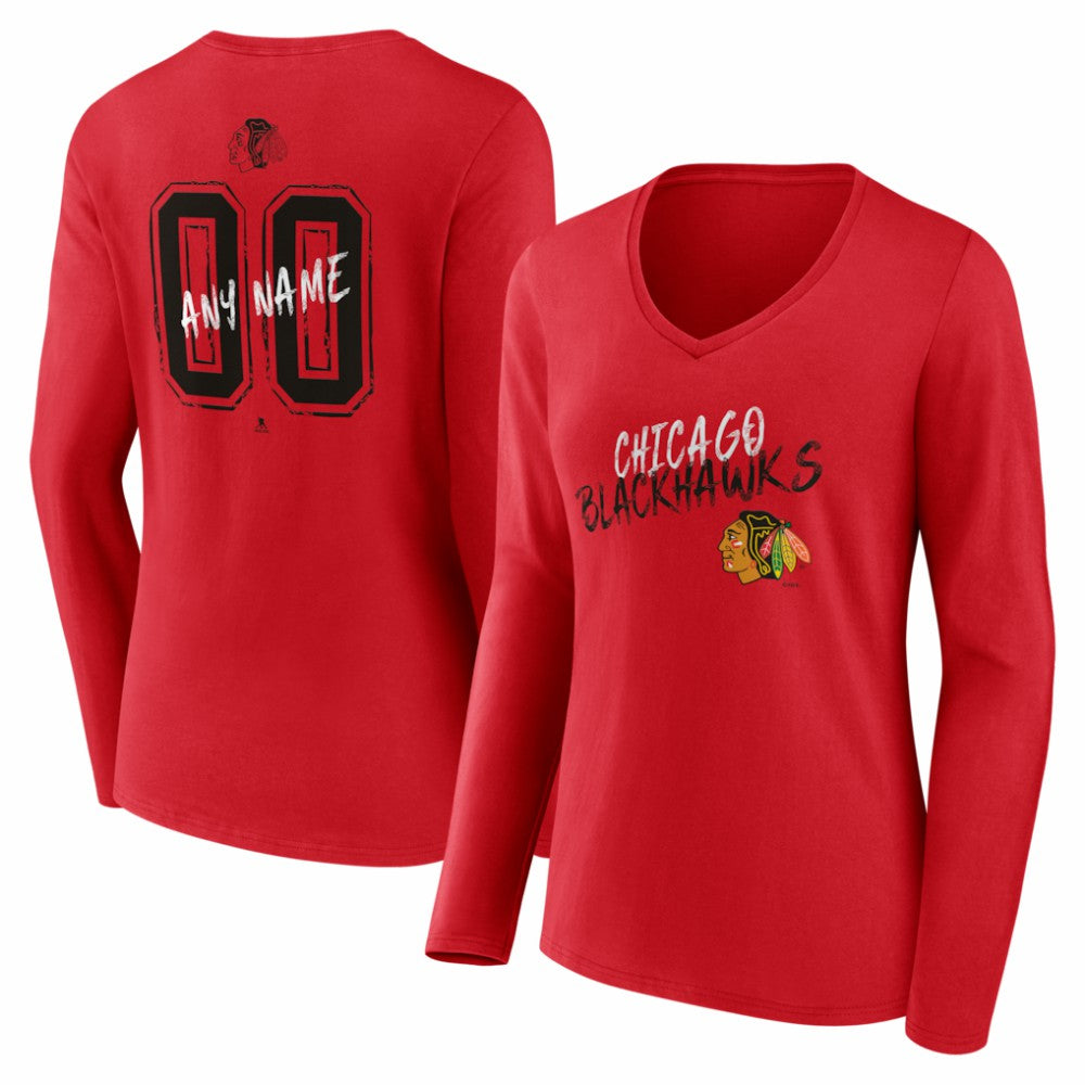 NHL,Custom Chicago Blackhawks Women's Hustle Personalized Name & Number Long Sleeve V-Neck T-Shirt - Red