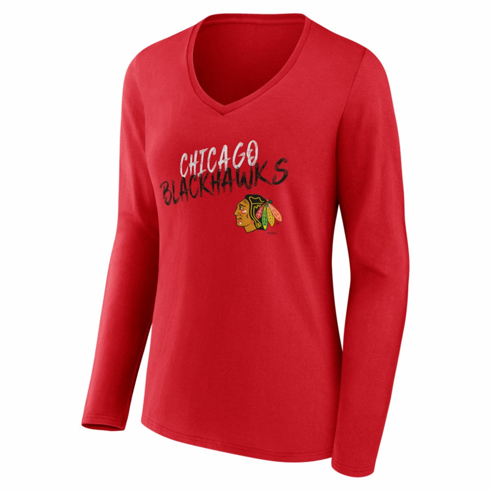 NHL,Custom Chicago Blackhawks Women's Hustle Personalized Name & Number Long Sleeve V-Neck T-Shirt - Red