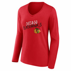 NHL,Custom Chicago Blackhawks Women's Hustle Personalized Name & Number Long Sleeve V-Neck T-Shirt - Red