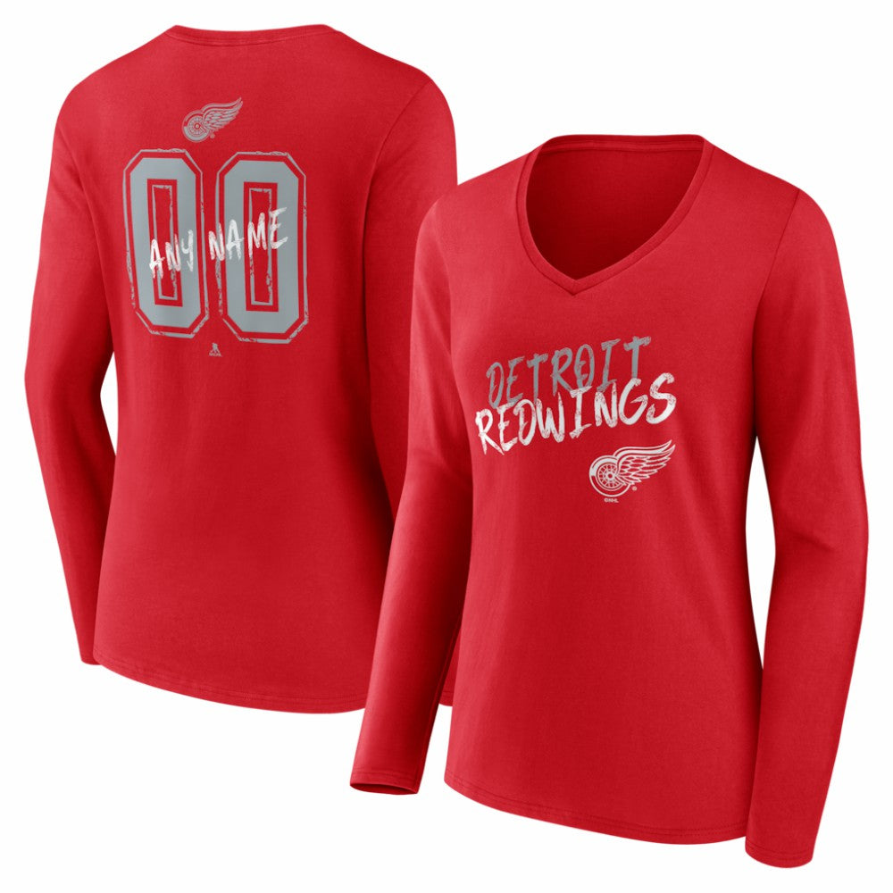 NHL,Custom Detroit Red Wings Women's Hustle Personalized Name & Number Long Sleeve V-Neck T-Shirt - Red