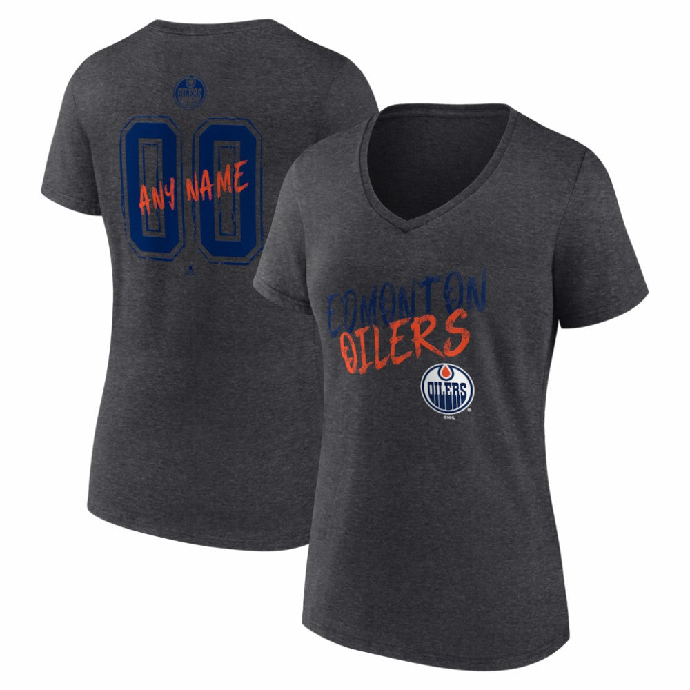 NHL,Custom Edmonton Oilers Women's Hustle Personalized Name & Number V-Neck T-Shirt - Charcoal