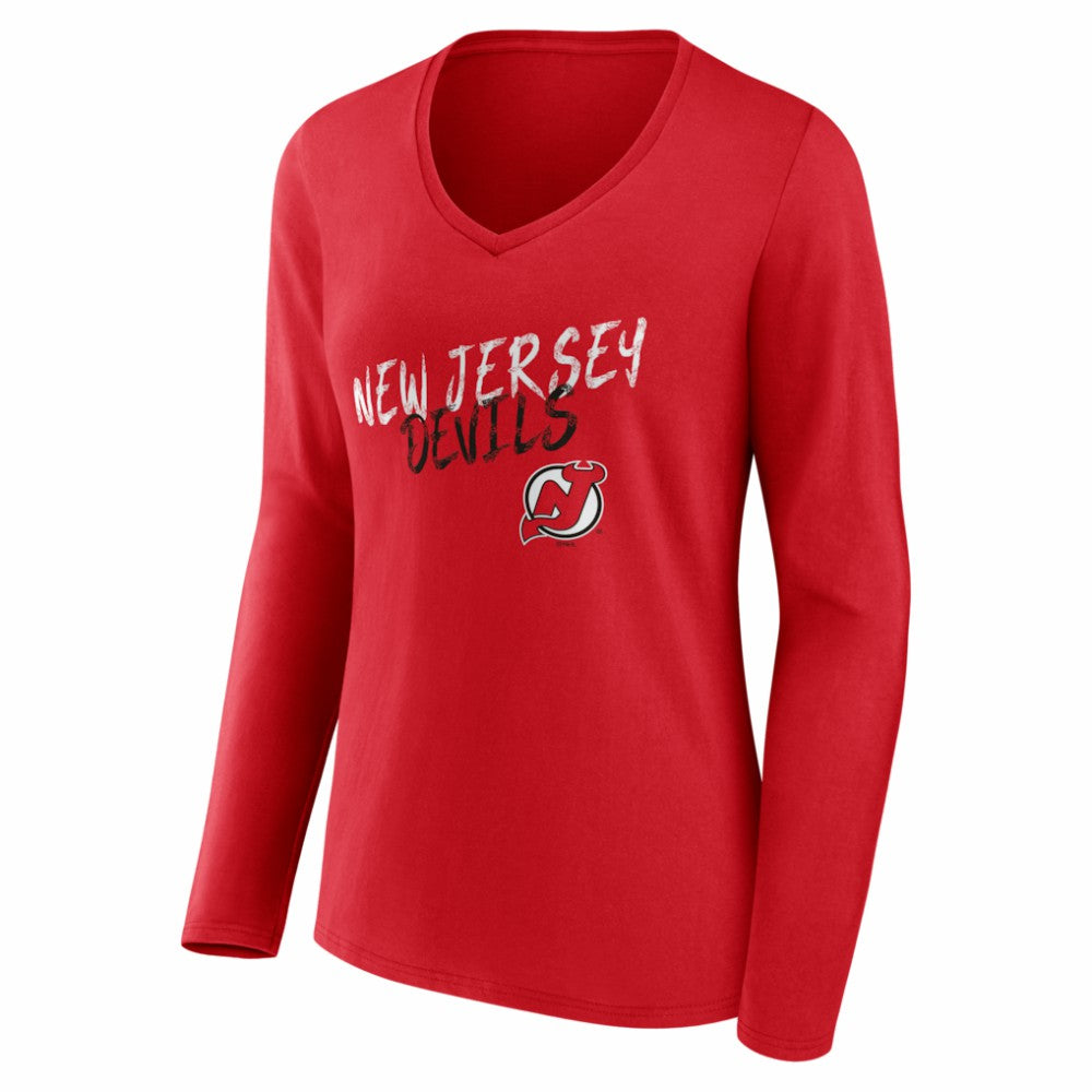 NHL,Custom New Jersey Devils Women's Hustle Personalized Name & Number Long Sleeve V-Neck T-Shirt - Red