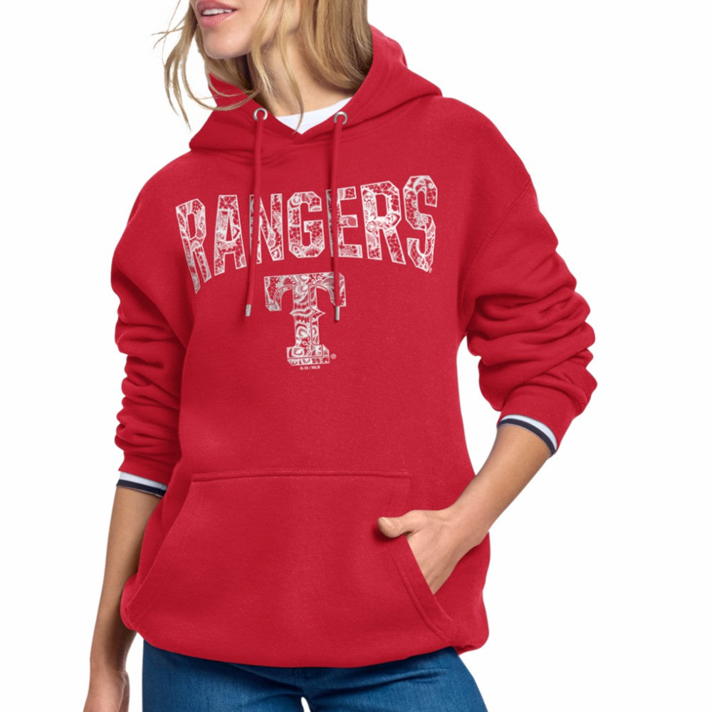 Texas Rangers Starter Women's Lace Team Lockup Fleece Hoodie - Red Hoodies
