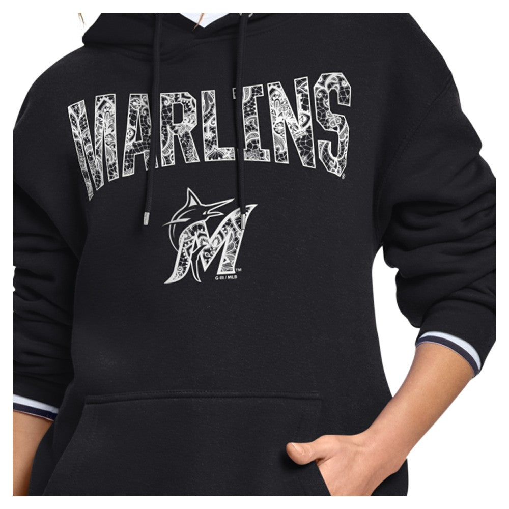 Miami Marlins Starter Women's Lace Team Lockup Fleece Hoodie - Black Hoodies