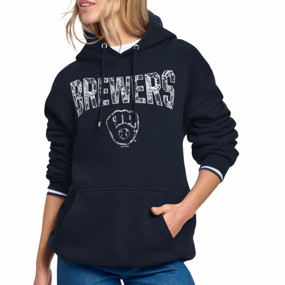 Milwaukee Brewers Starter Women's Lace Team Lockup Fleece Hoodie - Navy Hoodies
