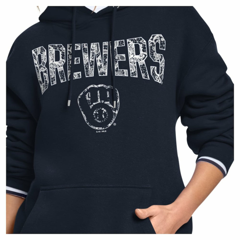 Milwaukee Brewers Starter Women's Lace Team Lockup Fleece Hoodie - Navy Hoodies